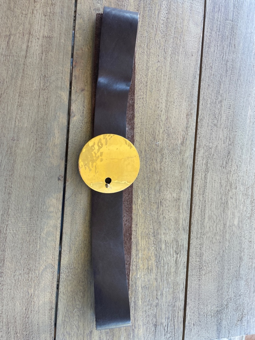 Adjustable VTG Brown Leather Belt with Gold Disc Buckle